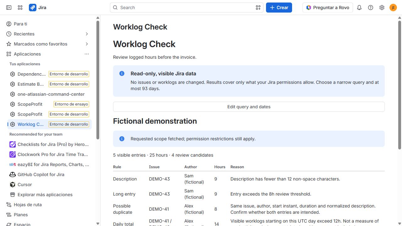 Worklog Check inside Jira showing a fictional demonstration of worklog review